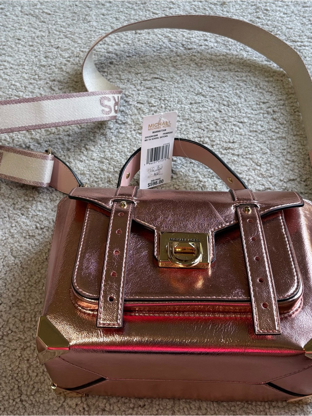 Michael Kors Metallic Rose Gold Satchel with Logo Strap